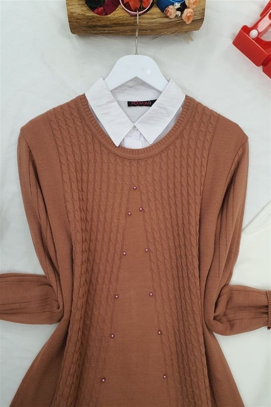 Bisiklet Yaka İnci Detaylı Triko Tunik -Pudra