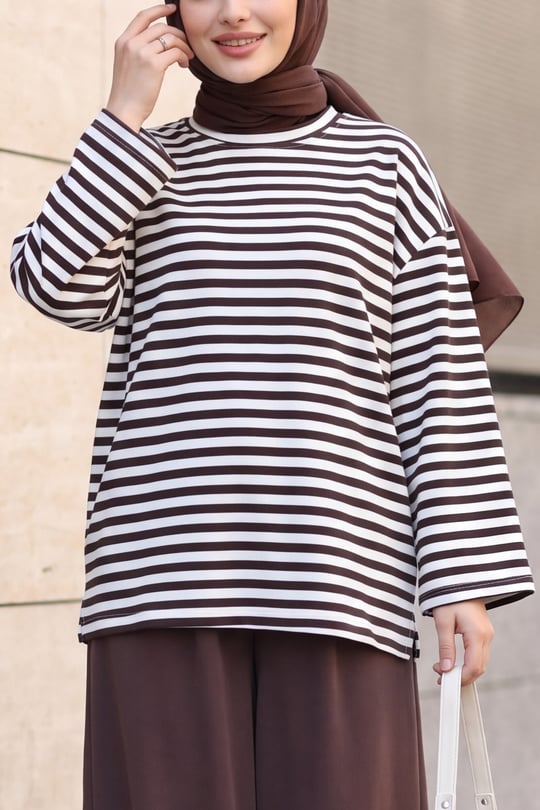 Bisiklet Yaka Kalın Çizgili Likralı Oversize Sweat -Koyu Kahverengi