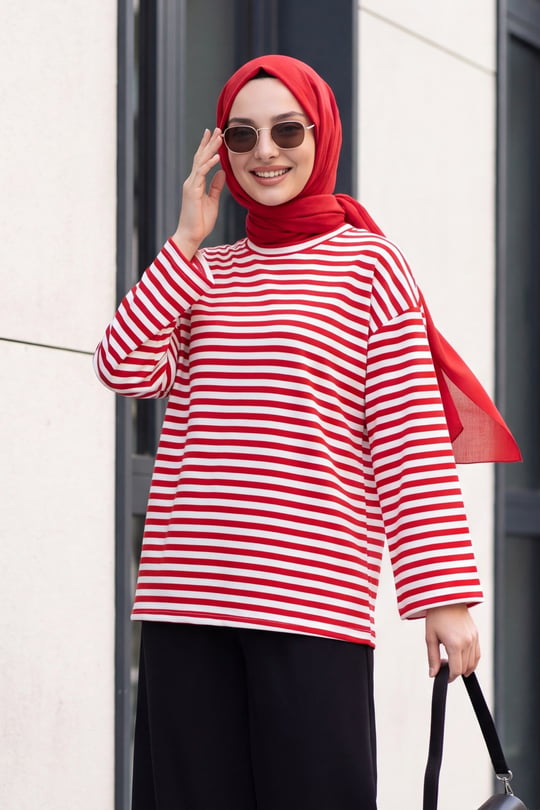 Bisiklet Yaka Kalın Çizgili Likralı Oversize Sweat -Kırmızı