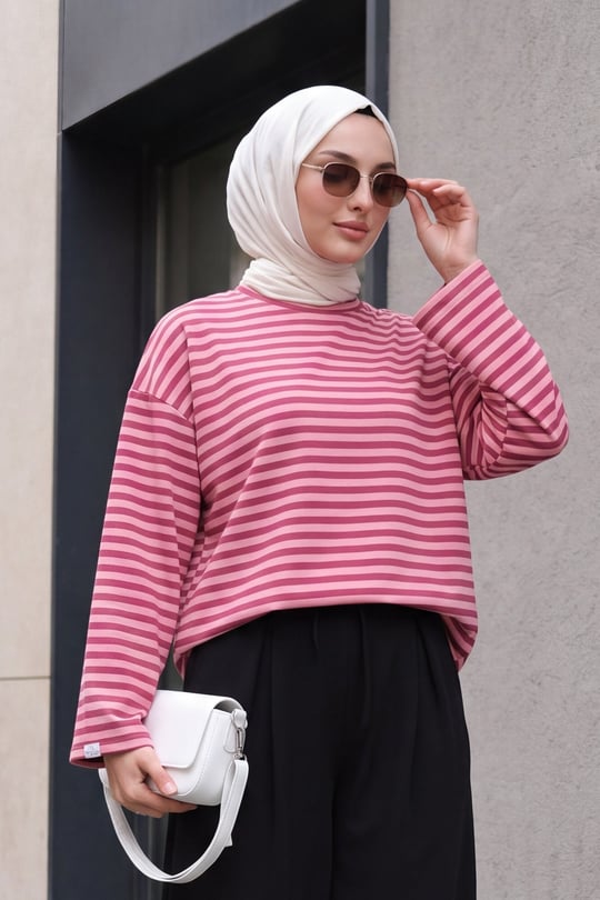 Bisiklet Yaka Kalın Çizgili Likralı Oversize Sweat -Gül Kurusu