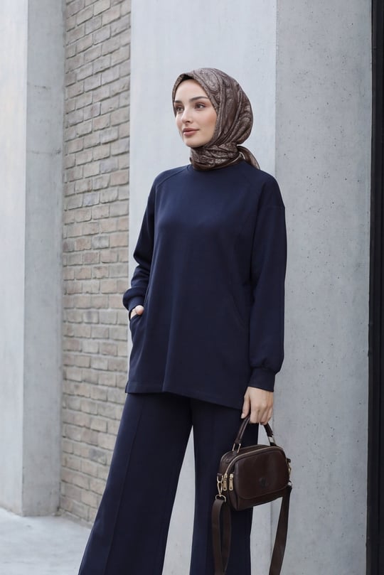 Bisiklet Yaka Oversize Cepli Pantolonlu Penye Takım -Lacivert