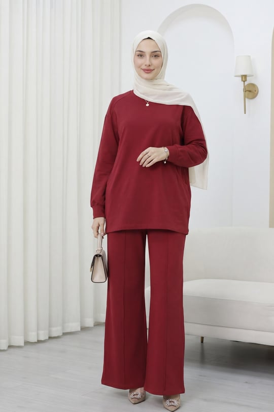 Bisiklet Yaka Oversize Cepli Pantolonlu Penye Takım -Bordo