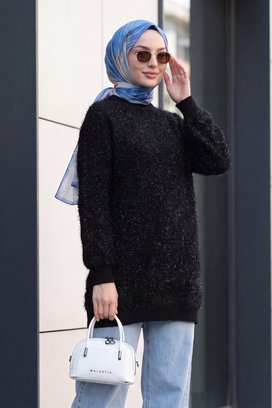 Bisiklet Yaka Sim Detaylı Sakallı Triko Tunik -Siyah