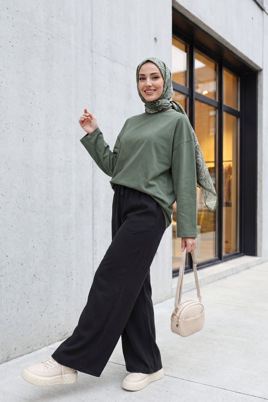 Bisiklet Yaka Uzun Kollu Oversize Penye Sweat -Haki