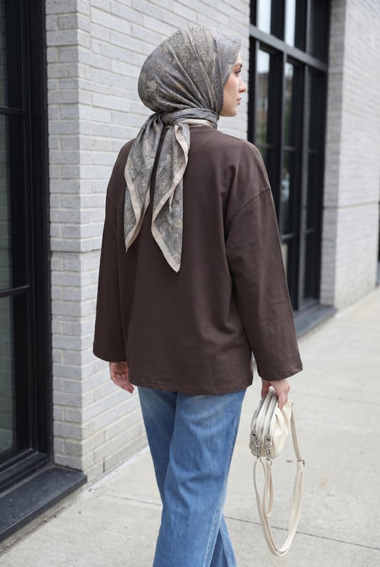 Bisiklet Yaka Uzun Kollu Oversize Penye Sweat -Koyu Kahverengi