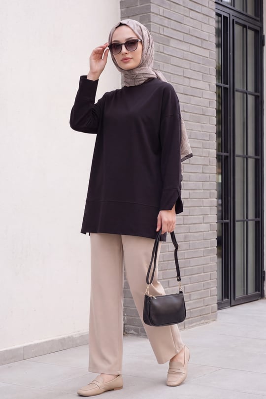 Bisiklet Yaka Yırtmaçlı Oversize Penye Tunik  -Siyah