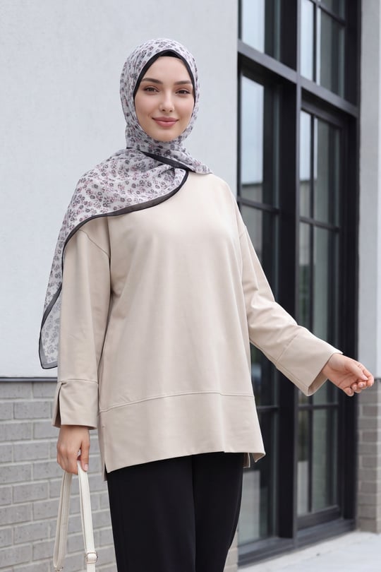 Womens Crew-Neck Slit Oversized Jersey Tunic - Mink
