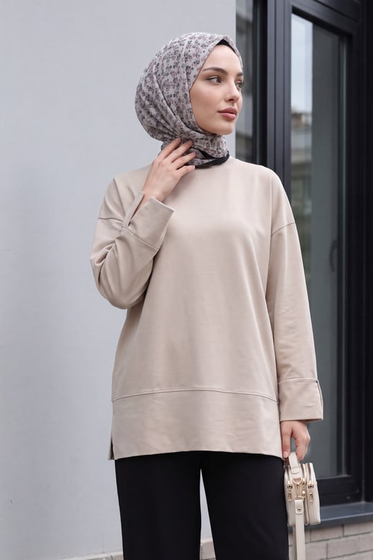 Womens Crew-Neck Slit Oversized Jersey Tunic - Mink