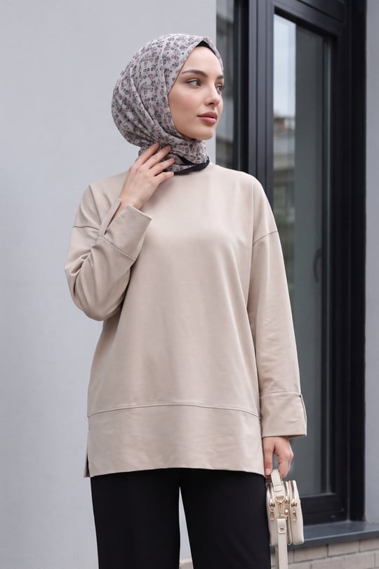 Womens Crew-Neck Slit Oversized Jersey Tunic - Mink