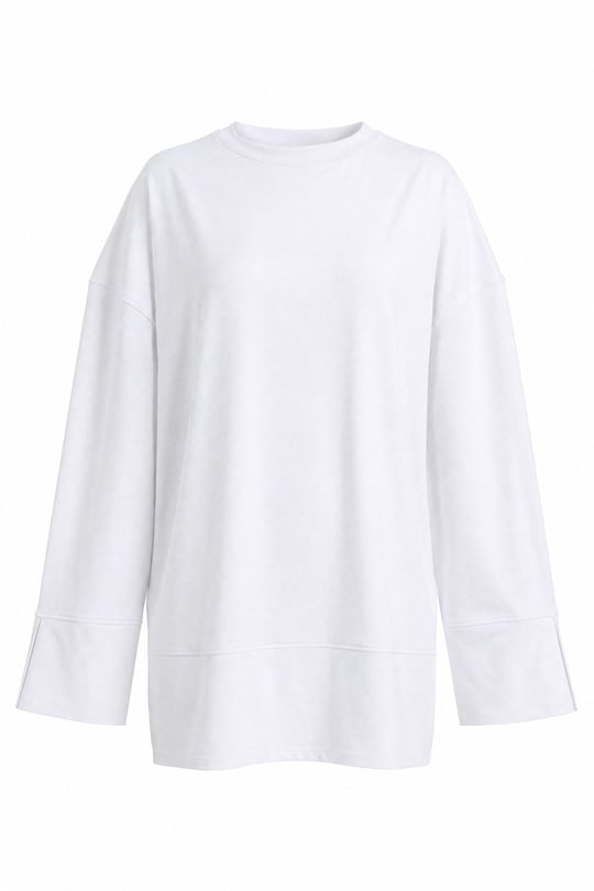 Bisiklet Yaka Yırtmaçlı Oversize Penye Tunik  -Beyaz
