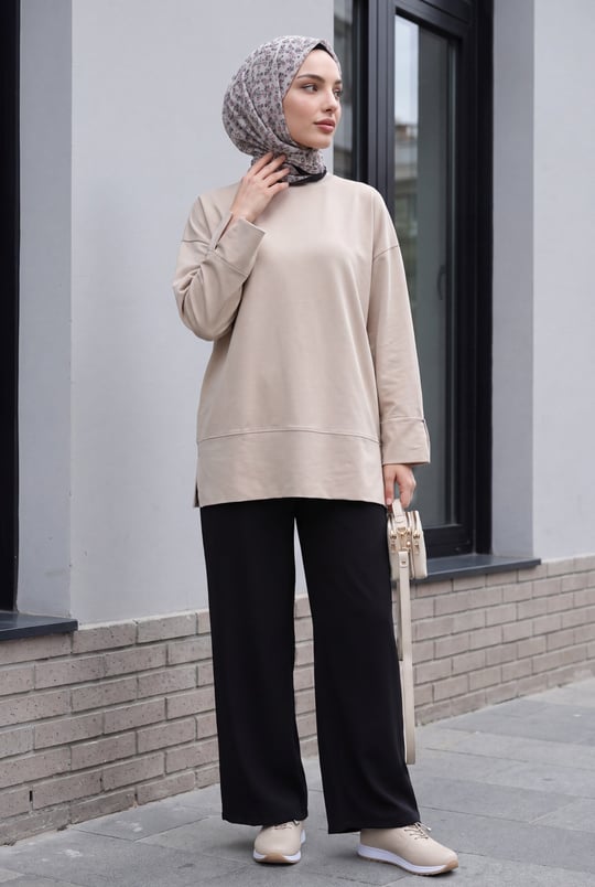 Womens Crew-Neck Slit Oversized Jersey Tunic - Mink