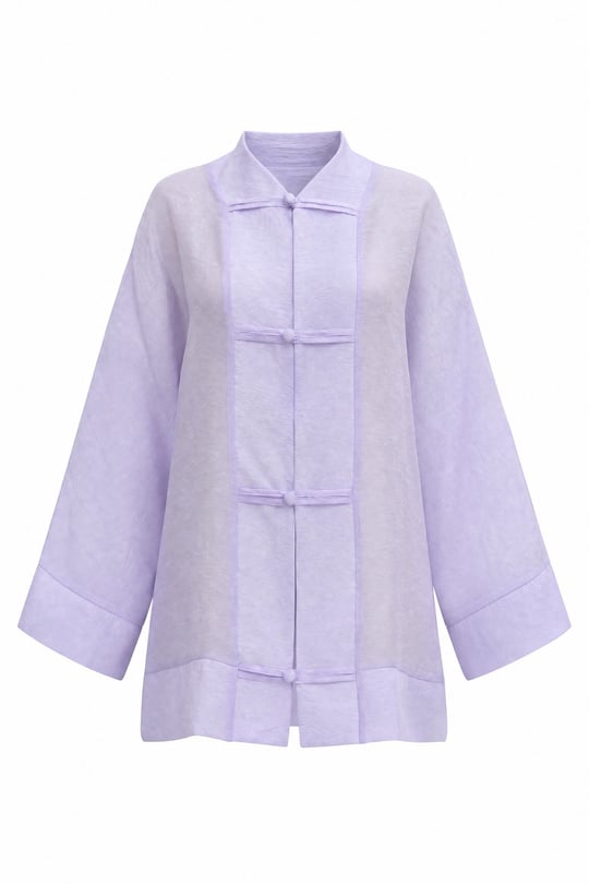 Biye Düğmeli V Yaka Organze Vual Oversize Kimono -Lila