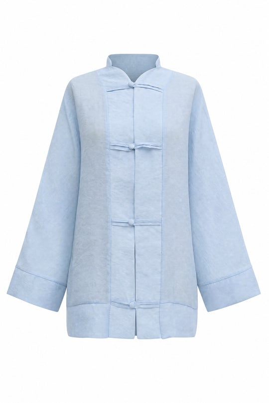 Biye Düğmeli V Yaka Organze Vual Oversize Kimono -Bebe Mavi