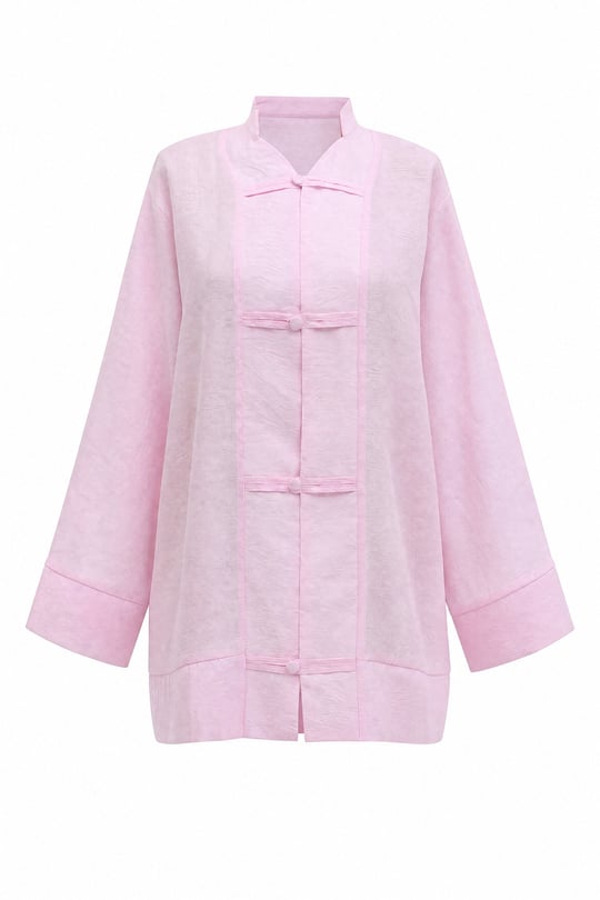 Biye Düğmeli V Yaka Organze Vual Oversize Kimono -Pembe