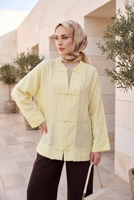 Biye Düğmeli V Yaka Organze Vual Oversize Kimono -Sarı