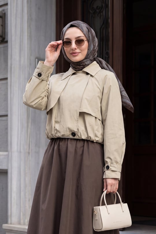 Bolero Detaylı Beli Lastikli Crop Ceket -Bej