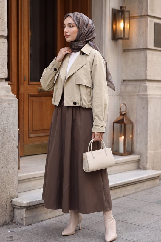 Bolero Detaylı Beli Lastikli Crop Ceket -Bej