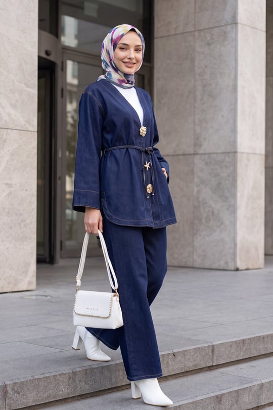 Broş Detaylı Kemerli Pantolonlu Kot Kimono Takım  -Koyu Lacivert
