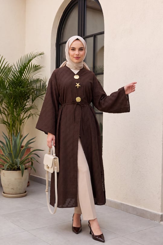 Broş Detaylı Yanları Yırtmaçlı Kabartma Puantiye Desenli Jakarlı Kimono -Koyu Kahverengi