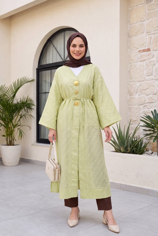 Broş Detaylı Yanları Yırtmaçlı Kabartma Puantiye Desenli Jakarlı Kimono -Çağla Yeşili