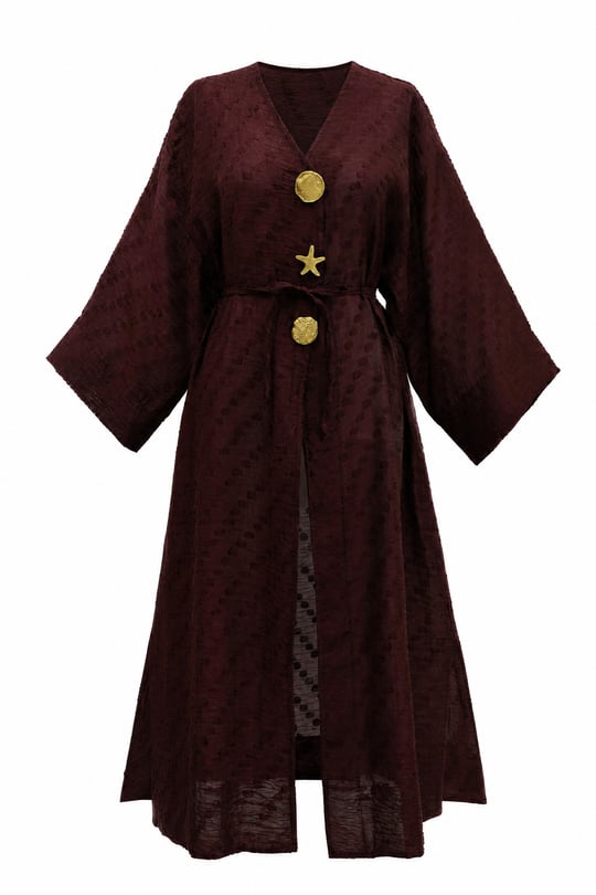 Womens Brooch Detail Sides Slit Textured Polka-Dot Patterned Jacquard Kimono - Burgundy