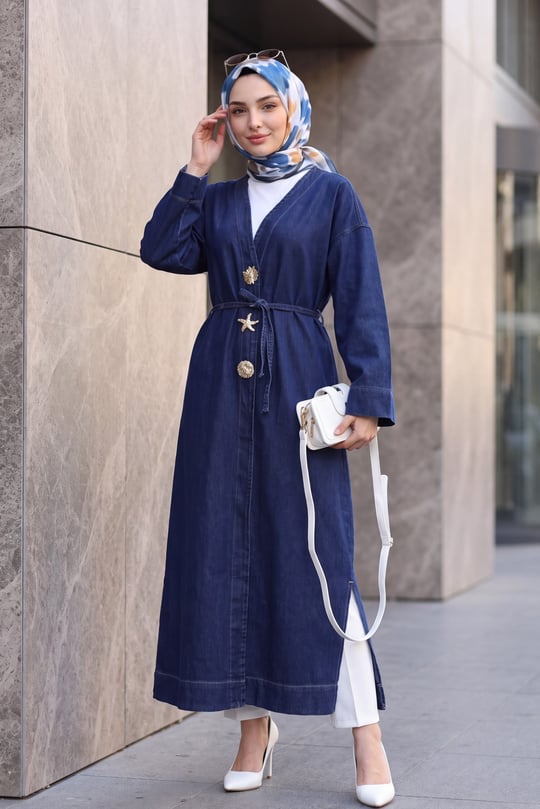Womens Plus-Size Brooch Detail Belted Slit Long Denim Kimono - Navy