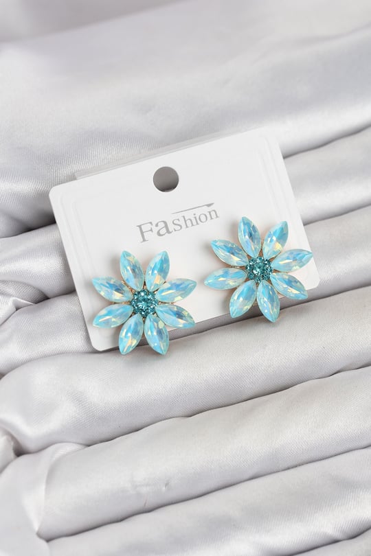 Buz Mavisi Renk Kristal Taşlı Lotus Çiçek Model Kadın Küpe
