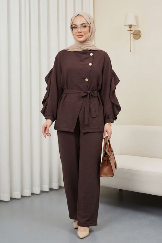 Womens Crossbody Button-Front Belted Ruffle-Detail Cupro Set -Coffee Brown - Brown
