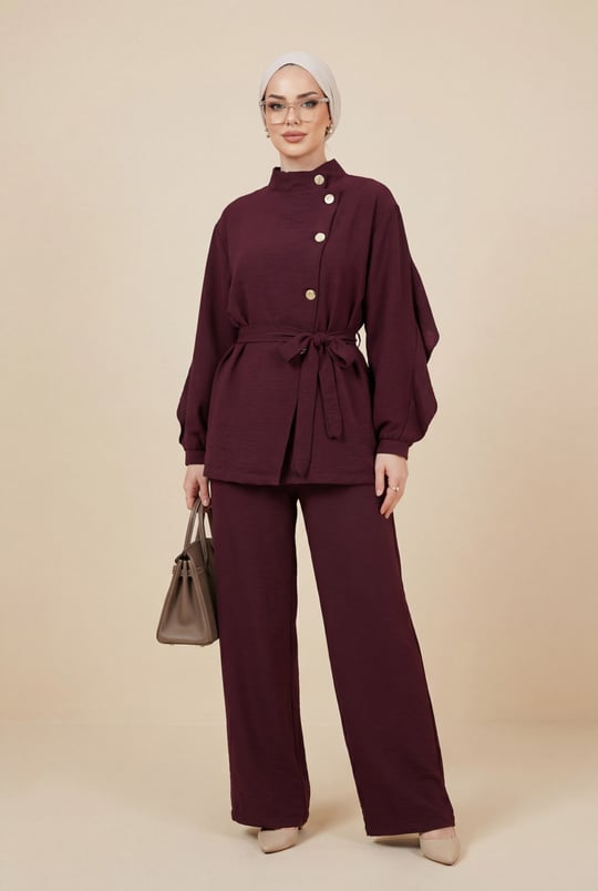 Womens Crossbody Button-Front Belted Ruffle-Detail Cupro Set - Plum