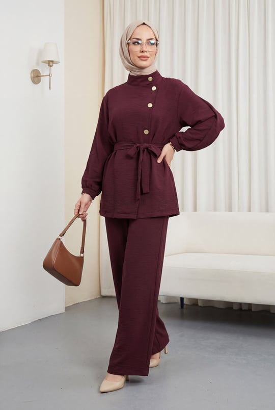 Womens Crossbody Button-Front Belted Ruffle-Detail Cupro Set - Plum