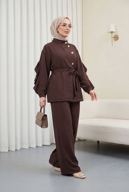 Womens Crossbody Button-Front Belted Ruffle-Detail Cupro Set -Coffee Brown - Brown