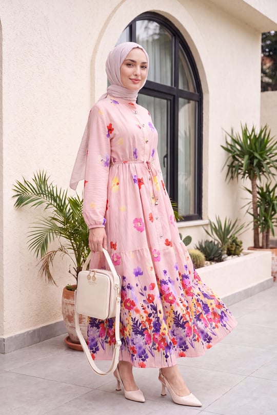 Womens Floral-Print Elastic-Cuff Half-Button Belted Policoton Dress - Powder Pink