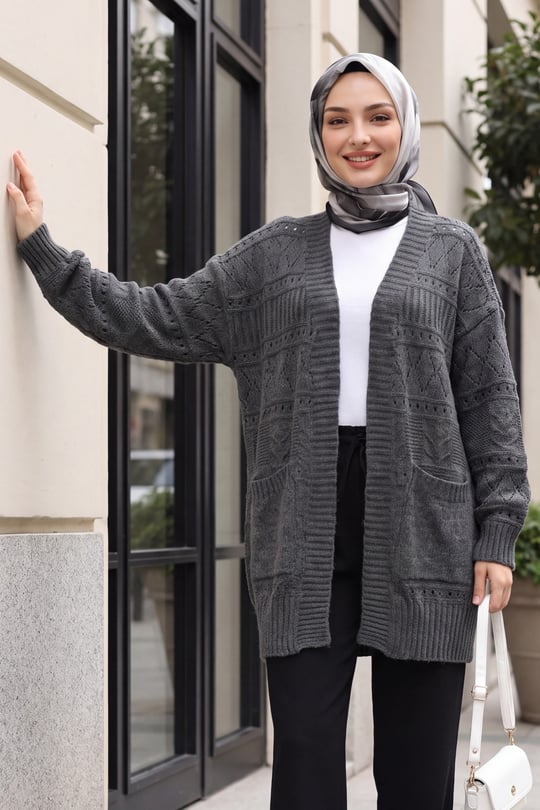 Çift Cepli Ajurlu Önü Açık Triko Hırka -Füme