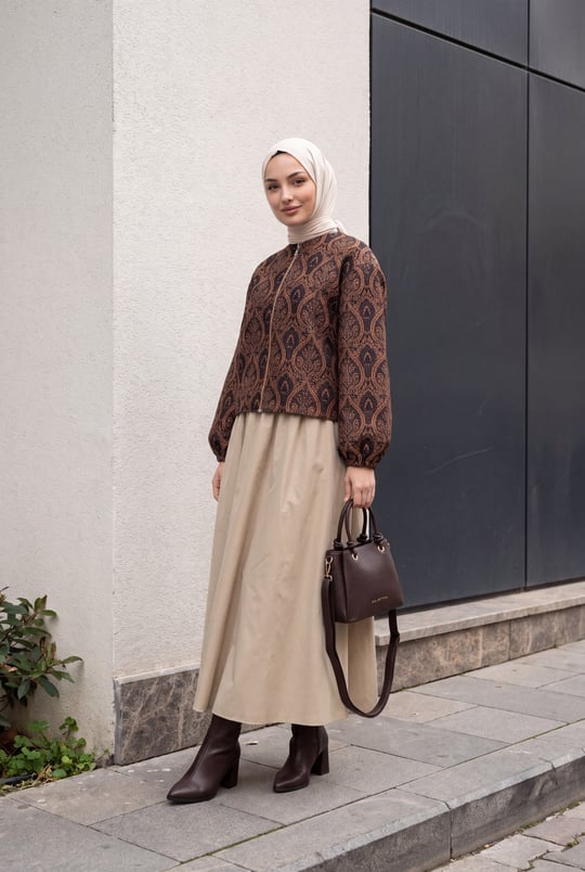 Womens Two-Pocket Lined Balloon-Sleeve Zip-Up Jacquard Jacket - Tan