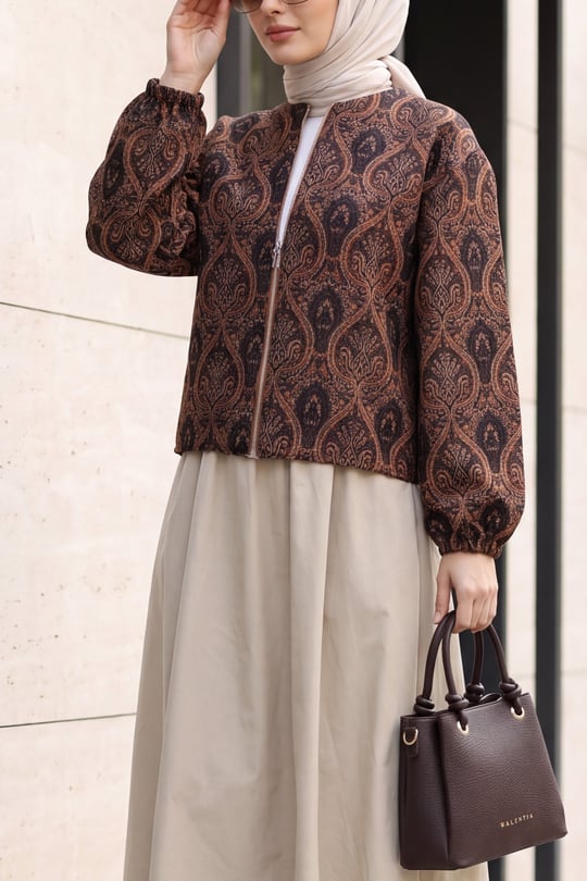Womens Two-Pocket Lined Balloon-Sleeve Zip-Up Jacquard Jacket - Tan