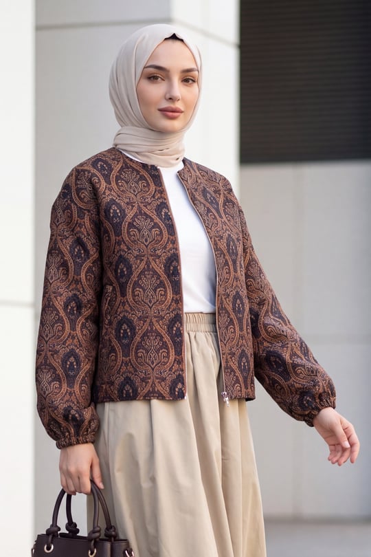 Womens Two-Pocket Lined Balloon-Sleeve Zip-Up Jacquard Jacket - Tan