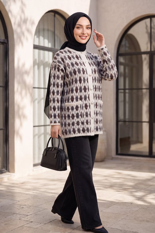 Womens Two-Pocket Patterned Button-Front Soft Knit Cardigan - Stone