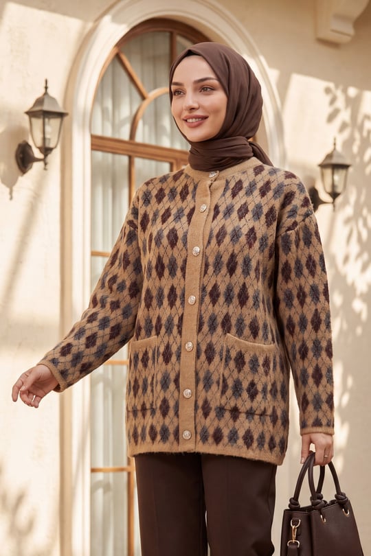 Womens Two-Pocket Patterned Button-Front Soft Knit Cardigan - Cinnamon