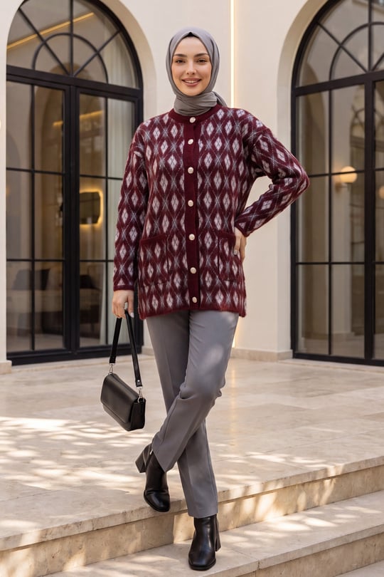Womens Two-Pocket Patterned Button-Front Soft Knit Cardigan - Burgundy