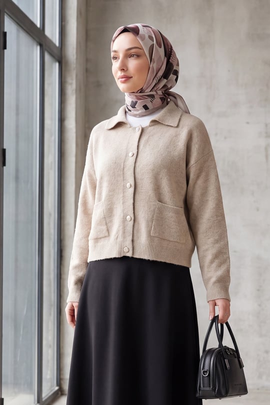 Womens Two-Pocket Shirt-Collar Button-Front Soft Knit Cardigan - Stone