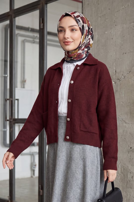 Çift Cepli Gömlek Yaka Düğmeli Yumoş Triko Hırka -Bordo
