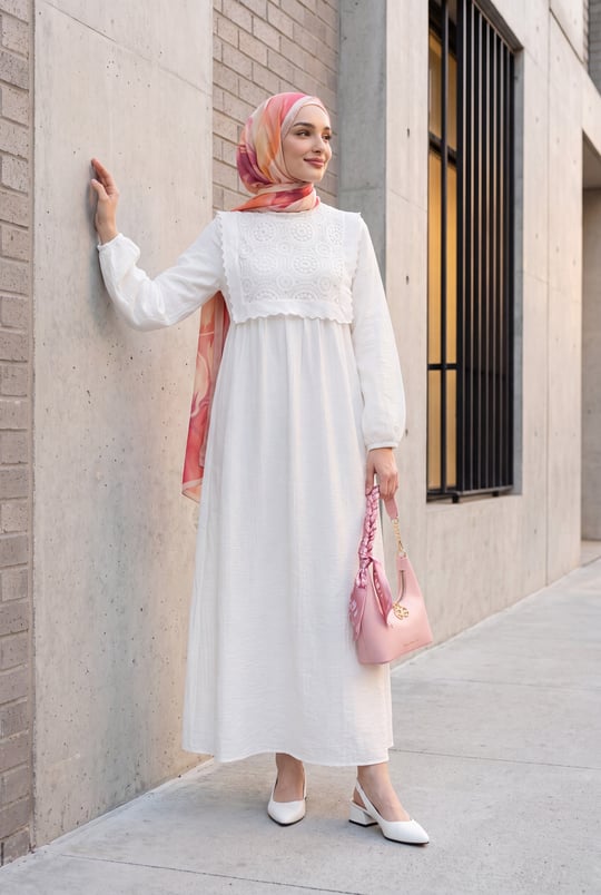 Womens Detachable Lace Vest Elastic-Cuff Lined Crinkle Dress - White