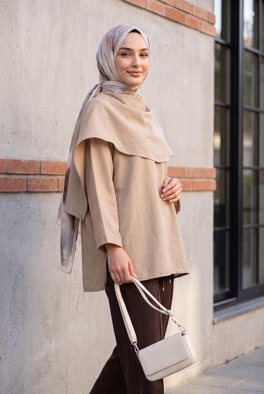 Womens Detachable Cape Oversized Modal Tunic - Mink