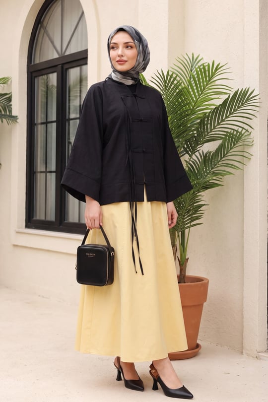 Çin Düğümü Kapamalı Hakim Yaka Paraşüt Kimono -Siyah
