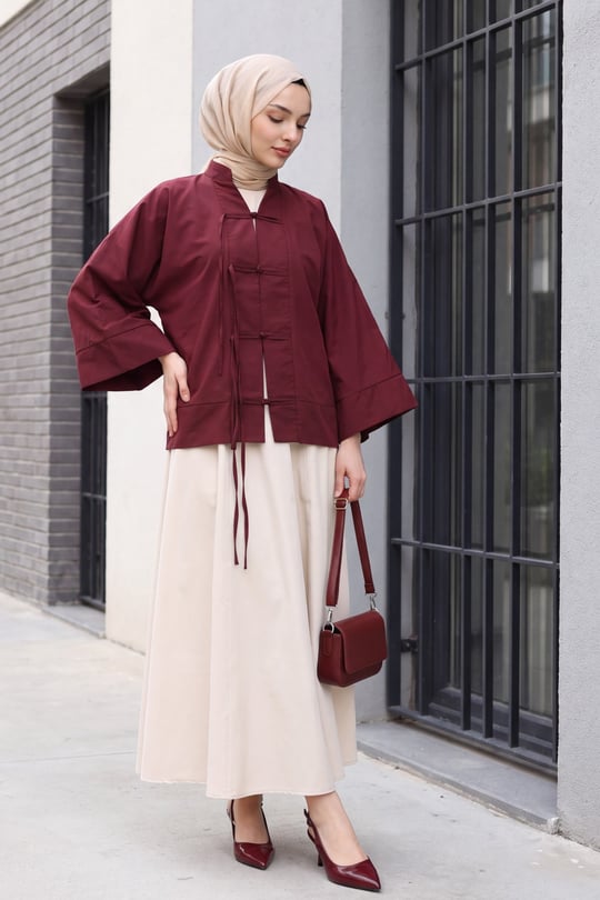 Çin Düğümü Kapamalı Hakim Yaka Paraşüt Kimono -Mürdüm