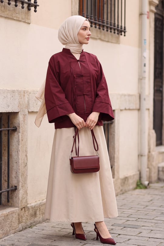 Çin Düğümü Kapamalı Hakim Yaka Paraşüt Kimono -Mürdüm