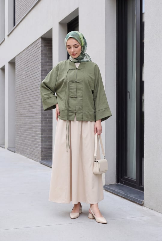 Çin Düğümü Kapamalı Hakim Yaka Paraşüt Kimono -Haki