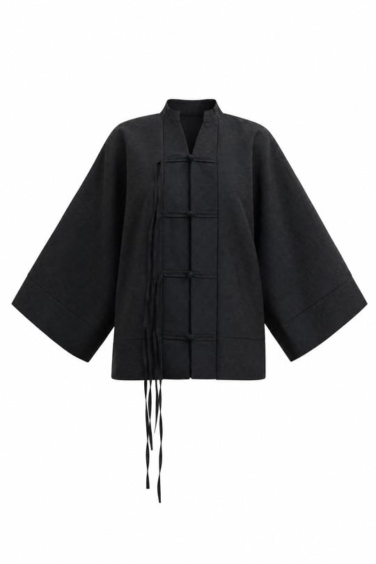 Çin Düğümü Kapamalı Hakim Yaka Paraşüt Kimono -Siyah