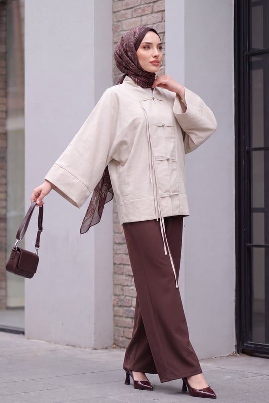 Çin Düğümü Kapamalı Hakim Yaka Paraşüt Kimono -Taş rengi