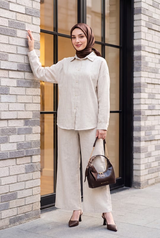 Womens Stripe Patterned Button-Front Pants Linen Set - Stone